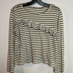 Lucky Brand Asymmetrical Ruffle Striped Knit T-Shirt Top